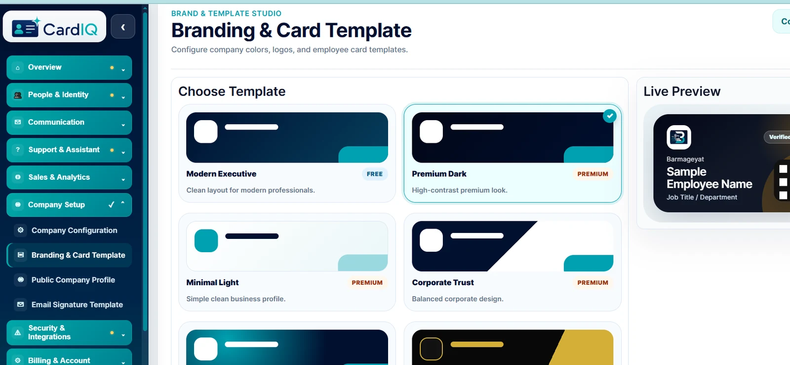 CardIQ Identity brand and card template studio for standardized corporate digital card designs.