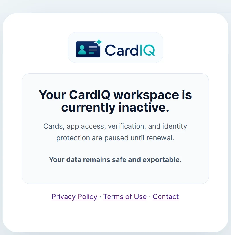 CardIQ Identity inactive workspace notice explaining that identity services are paused while company data remains safe and exportable.