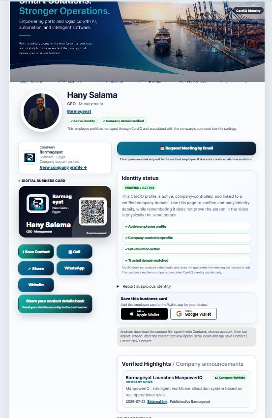 CardIQ Identity verified employee public profile with business card, QR code and approved contact actions.