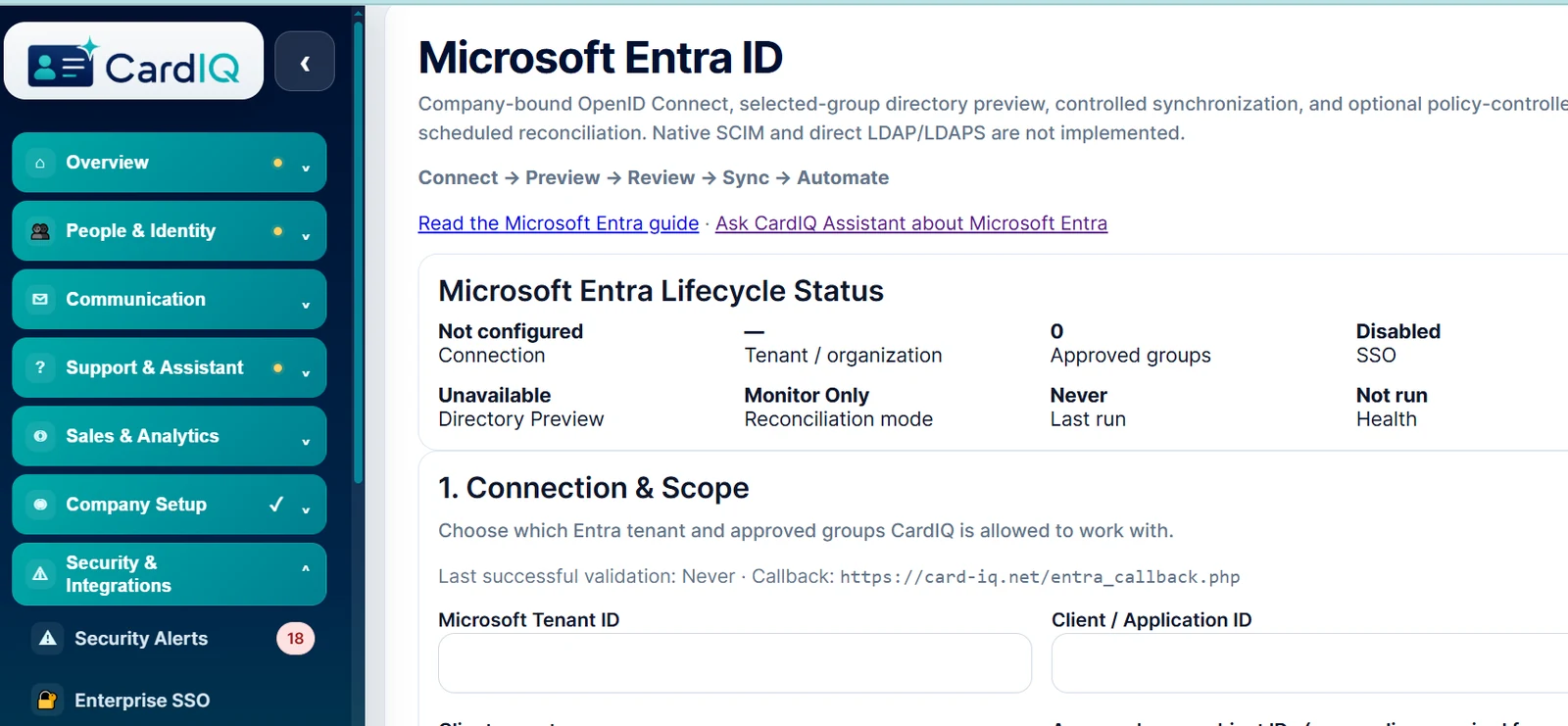 CardIQ Identity Microsoft Entra lifecycle integration for controlled directory preview and synchronization.