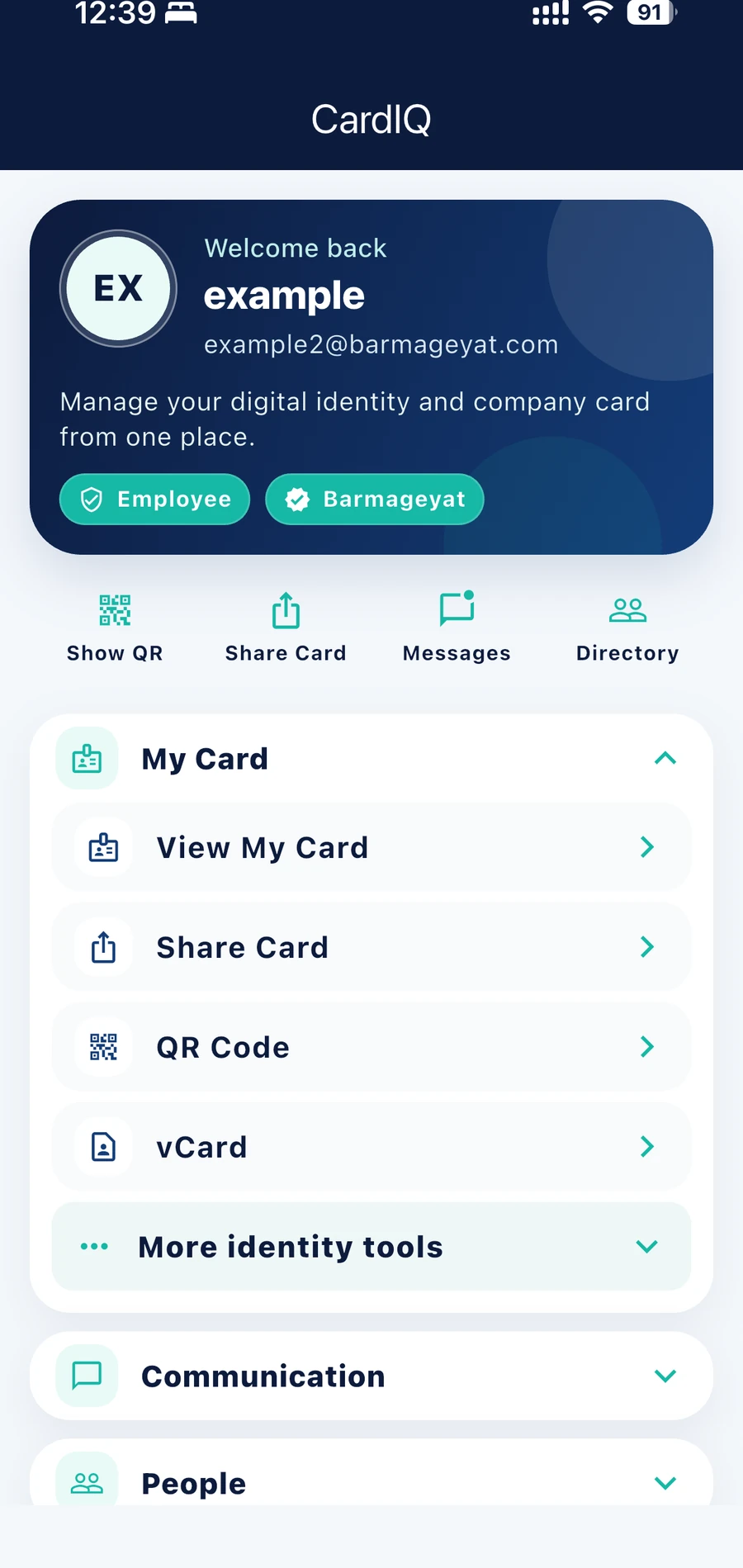 CardIQ Identity mobile employee workspace showing My Card, communication, people, and identity tools.
