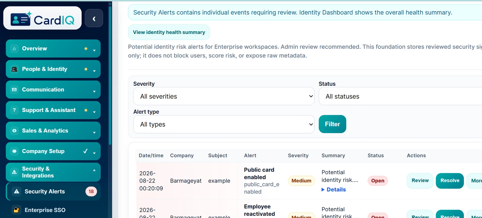 CardIQ Identity security alerts interface showing corporate identity risk signals.