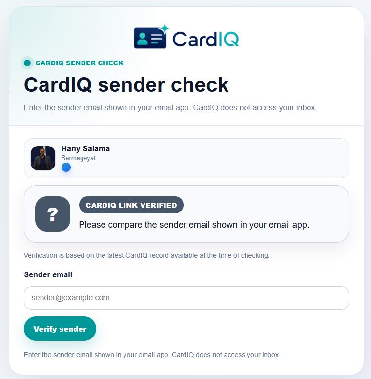CardIQ Identity email sender verification comparing a sender with a company-controlled identity record.