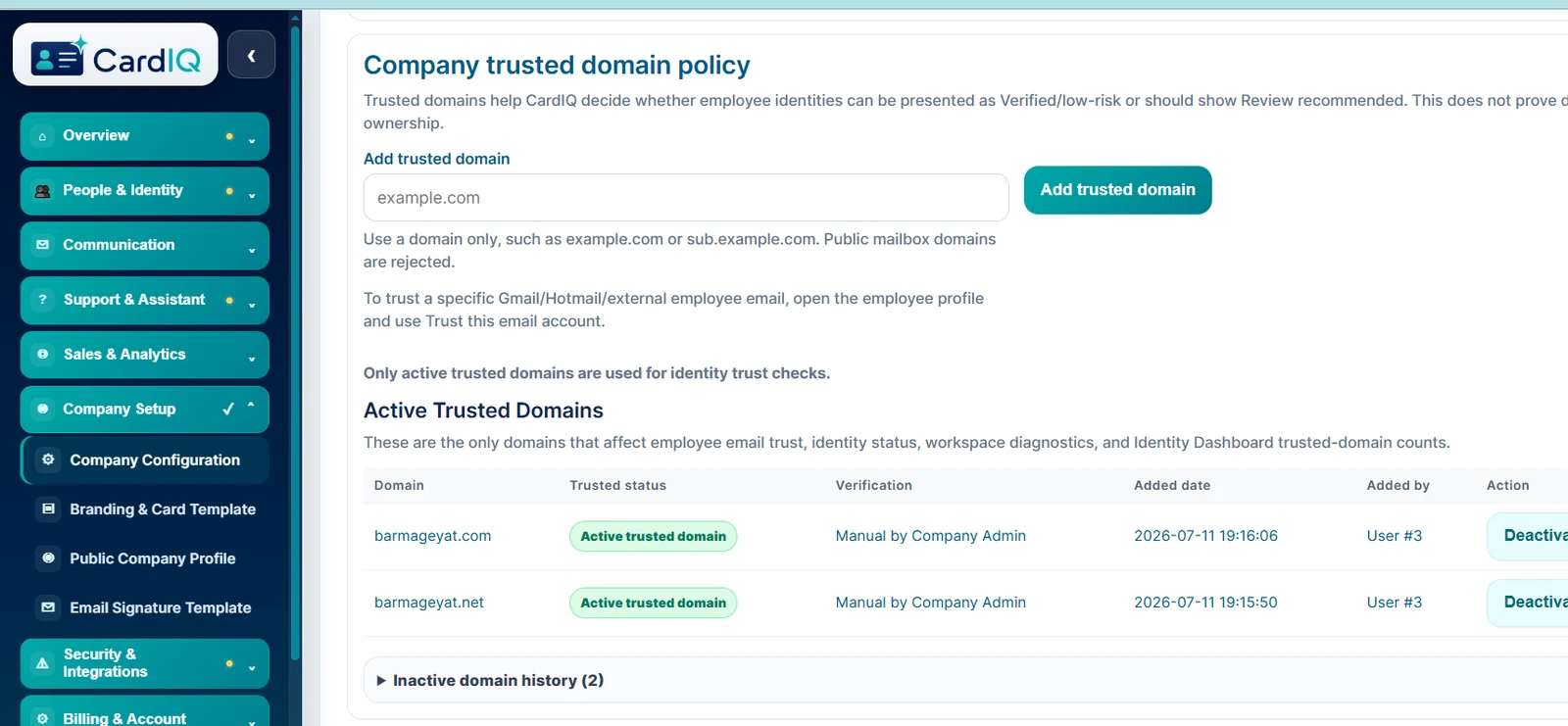 CardIQ Identity trusted domain management interface for corporate identity authorization.